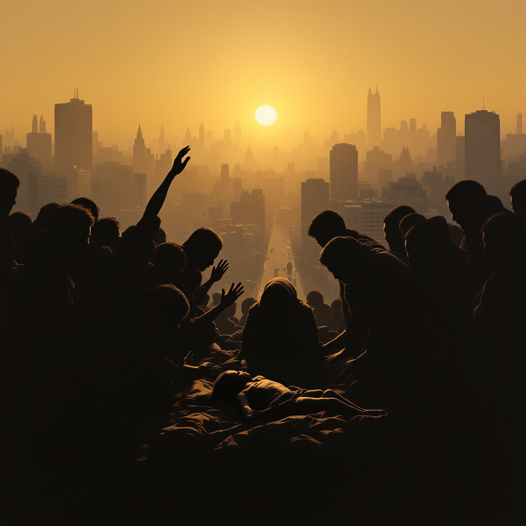 Silhouetted figures reach out against a sunset over a cityscape, illustrating the quote about civilization's care for its vulnerable members.