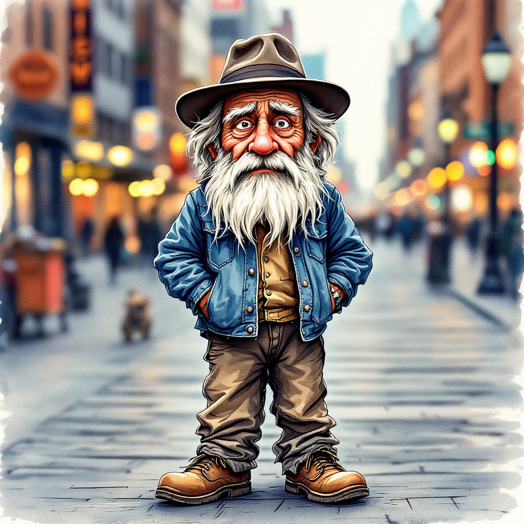 A whimsical illustration of an elderly hobo with a long white beard, wearing a denim jacket, hat, and sturdy boots, standing confidently on a bustling city street.