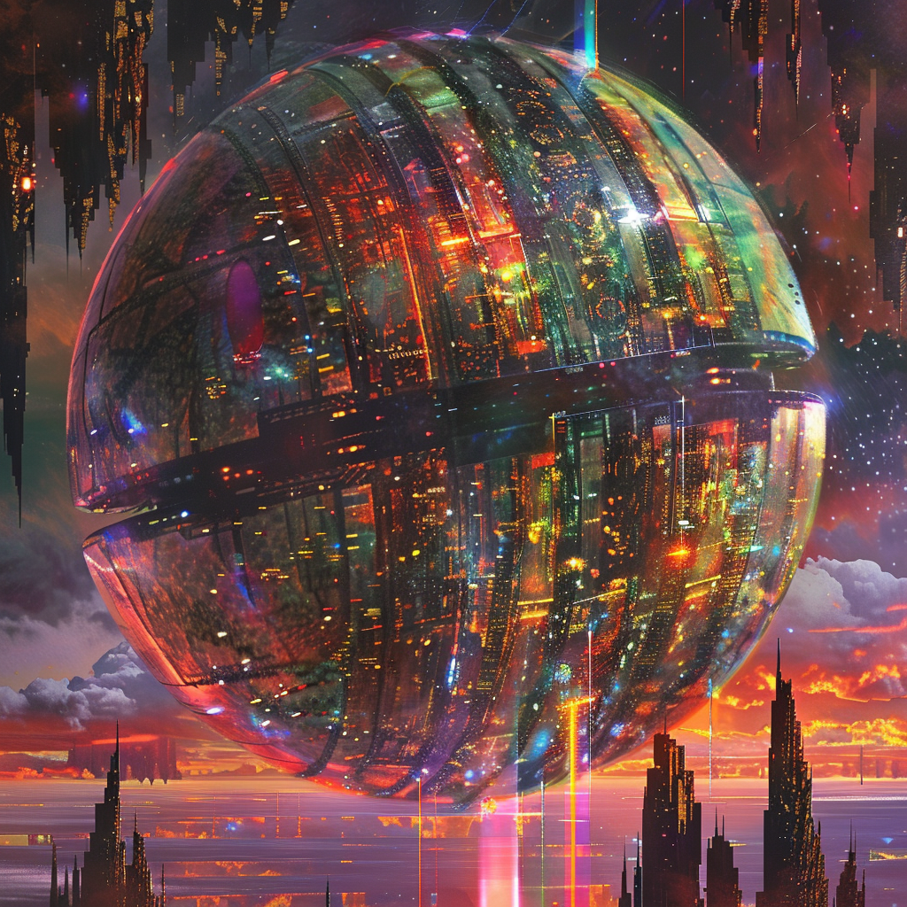 Image of a colossal, crystalline spherical structure floating above a futuristic cityscape, its surface reflecting rainbow light against a starlit sky.