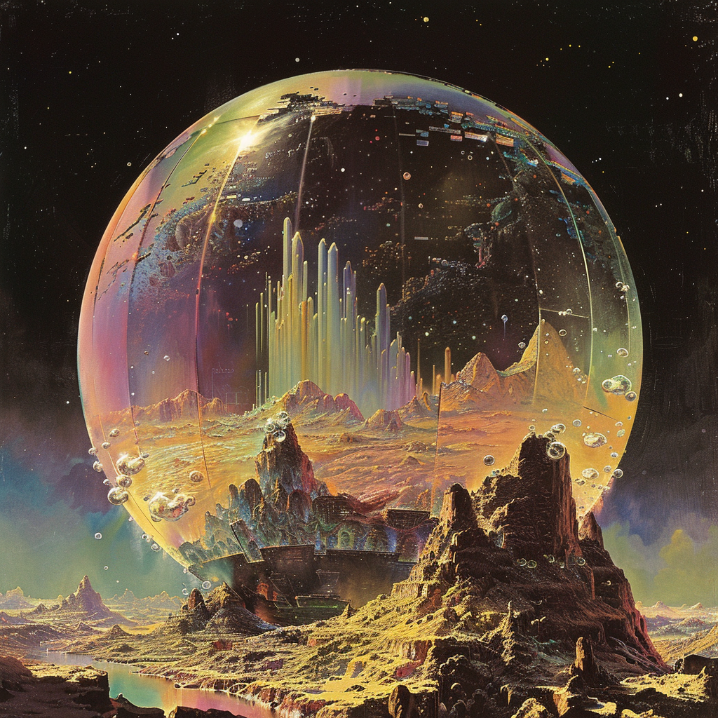 An otherworldly sphere with a crystalline, mountainous surface reflecting rainbow light, set against a dark, starlit sky.