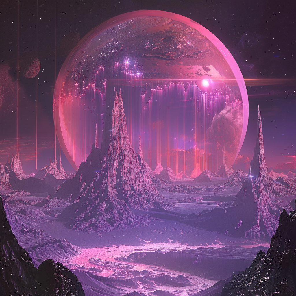 A luminous, celestial body resembling a moon with crystal spires radiating rainbows under a starlight, set against a stark mountainous landscape under a purple sky.