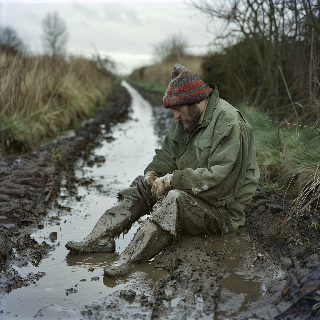 A dejected man in an olive green jacket and red beanie sits in the mud on a rural path, his arms resting on his knees, embodying the melancholic mood from the book quote where Prosser reflects on his life.