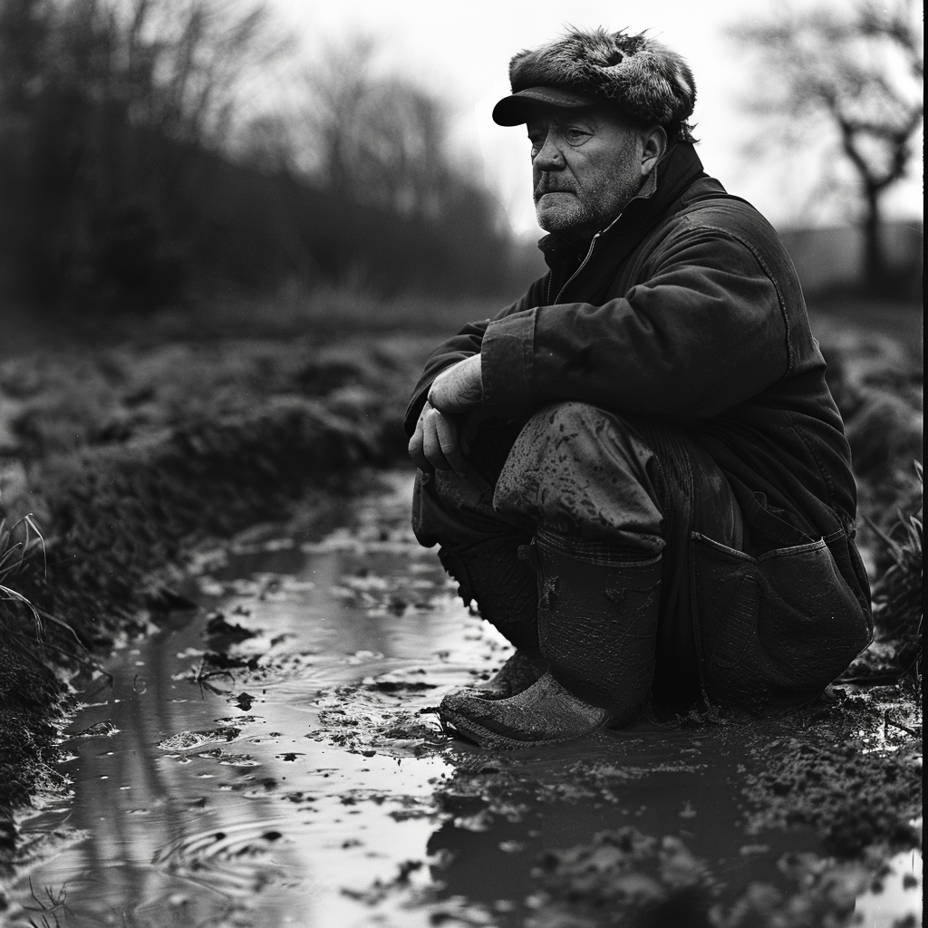 A man sits dejectedly in the mud, his attire and surroundings reflecting the desolate mood of the book quote. The mud envelops him, soaking into his clothes and shoes.