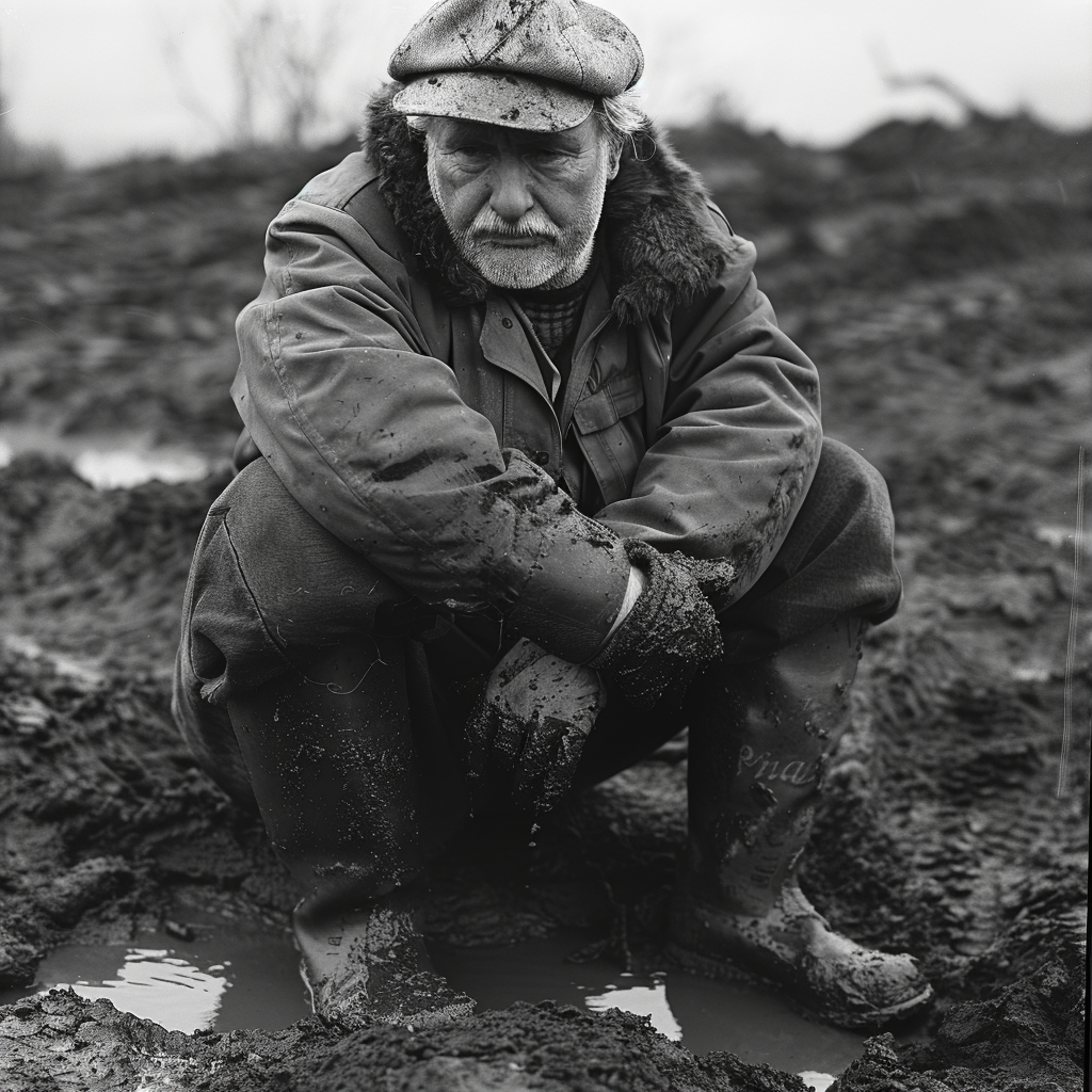 An older man sits sadly and awkwardly in the mud, his arms folded and mud oozing into his shoes. His expression mirrors a sense of life being a dream, as described in the book quote.