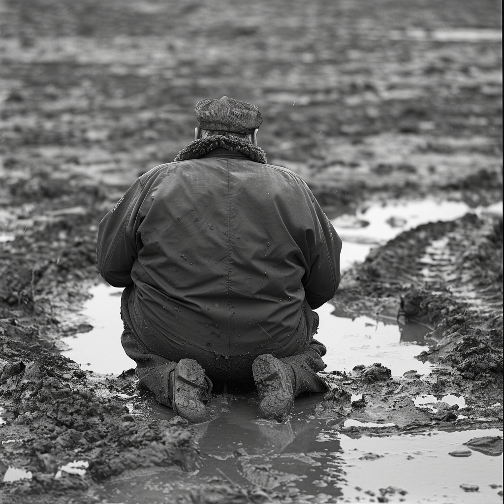 A man in a jacket and hat sits dejectedly in a muddy field, his back hunched and the mud seeping into his clothes and shoes, visually capturing the despair and confusion described in the quote.