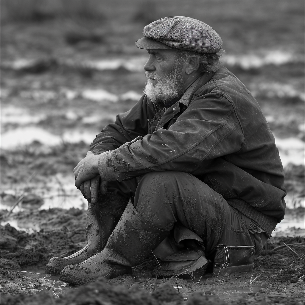 An elderly man sits solemnly in the mud, his legs pulled close to his chest. He wears a flat cap and muddy clothes, reflecting a sense of weary contemplation in a desolate, muddy field.