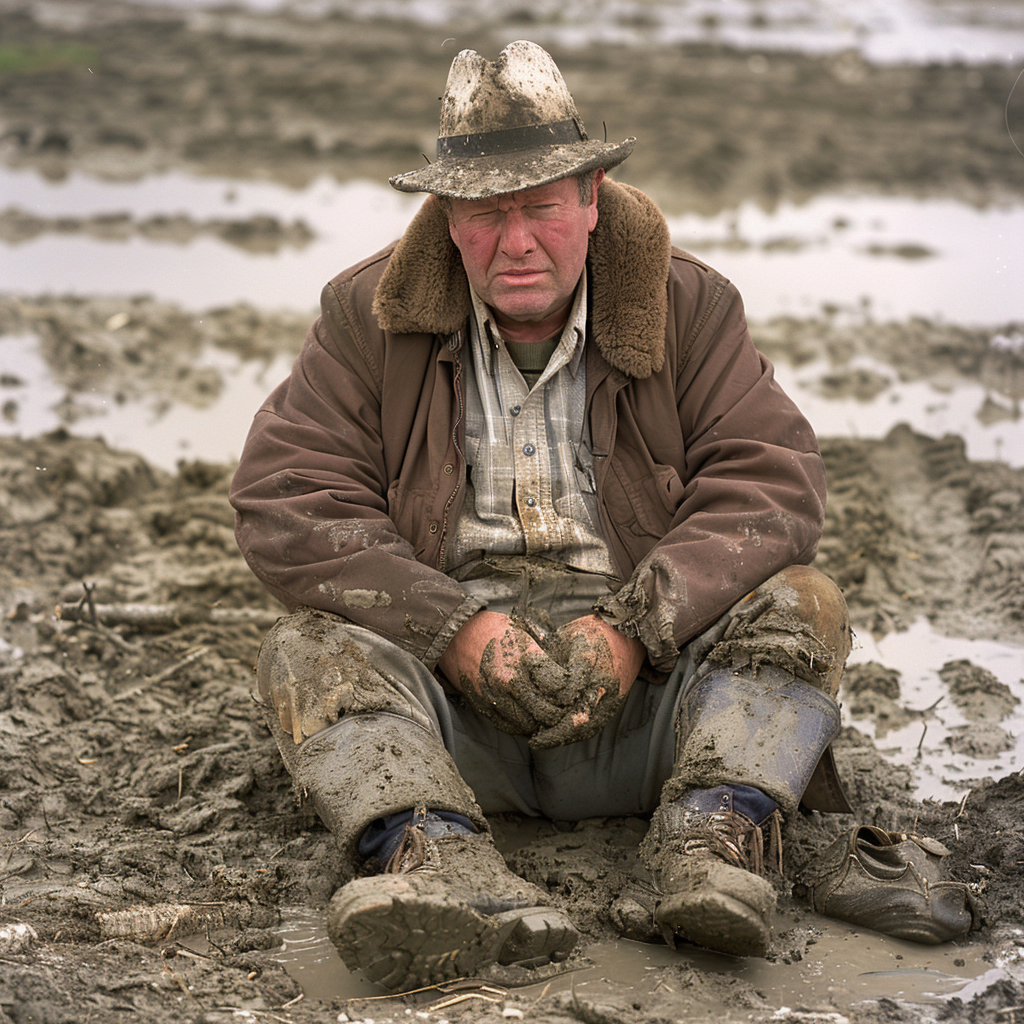 A man sits dejectedly in the mud, his clothes and boots caked with dirt, reflecting the book quote describing Prosser sitting awkwardly in the mud, feeling as if his life was a dream.