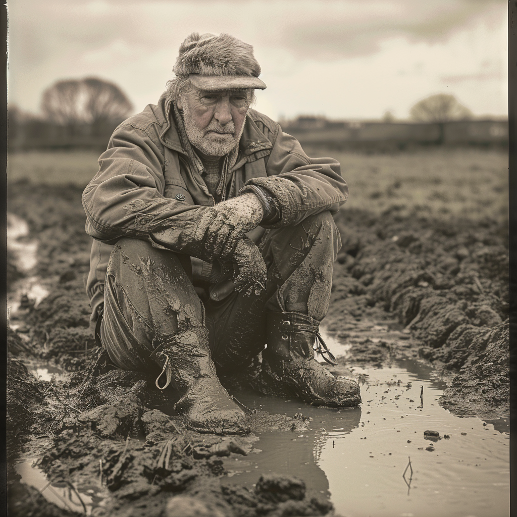 An elderly man sits despondently in mud, his clothes and boots caked with dirt, echoing a scene from a book where a character named Prosser reflects on his life's dreamlike quality.