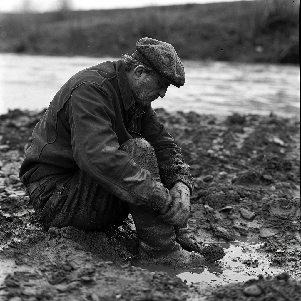 A man sits dejectedly in the mud by a river, head bowed, with mud encasing his bottom, arms, and shoes, evoking a sense of melancholy akin to the character Prosser from the book quote.