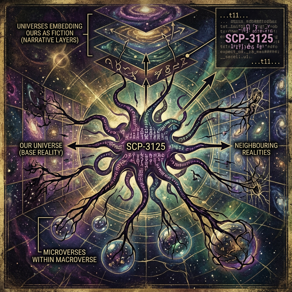 A cosmic, tentacled entity labeled SCP-3125 radiates dark energy, linking swirling universes, microverses, and alternate realities in a vast omniversal network.