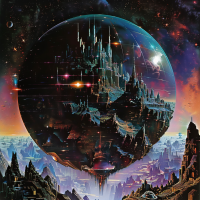 Illustration of a colossal moon-like structure with crystal spines and rainbow reflections, set against a starlit sky and alien landscape.