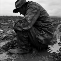 A man clad in muddy clothes and a hat sits despondently in a muddy field, embodying the essence of feeling trapped in a dreamlike, unfulfilling existence.