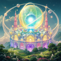 A vibrant, glass-like palace sits atop a hill, resembling an atom with a central sphere and dome-shaped structures connected by walkways, surrounded by lush greenery and ethereal orbs.