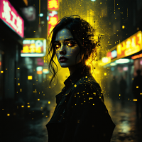 A girl with an intense gaze stands in a vibrant, neon-lit street, her figure surrounded by swirling golden particles, contrasting with the dark, moody background.