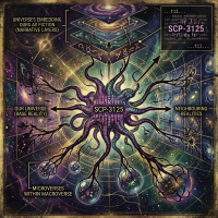 A cosmic, tentacled entity labeled SCP-3125 radiates dark energy, linking swirling universes, microverses, and alternate realities in a vast omniversal network.