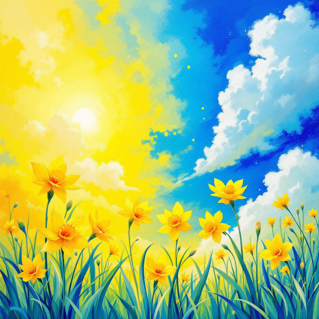 A vibrant landscape filled with bright yellow flowers under a sunny sky, with soft clouds drifting above, symbolizing growth and the impact of nurturing habits.