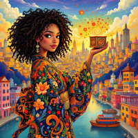 A young woman in a vibrant, floral kimono stands by a canal, holding a glowing box that emits stars, set against a colorful cityscape at sunset, embodying authenticity in a conformist world.