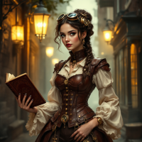 A woman dressed in steampunk attire stands in a cobblestone street, holding an open book, illuminated by warm lantern light, embodying the quote, It is never too late to be what you might have been.