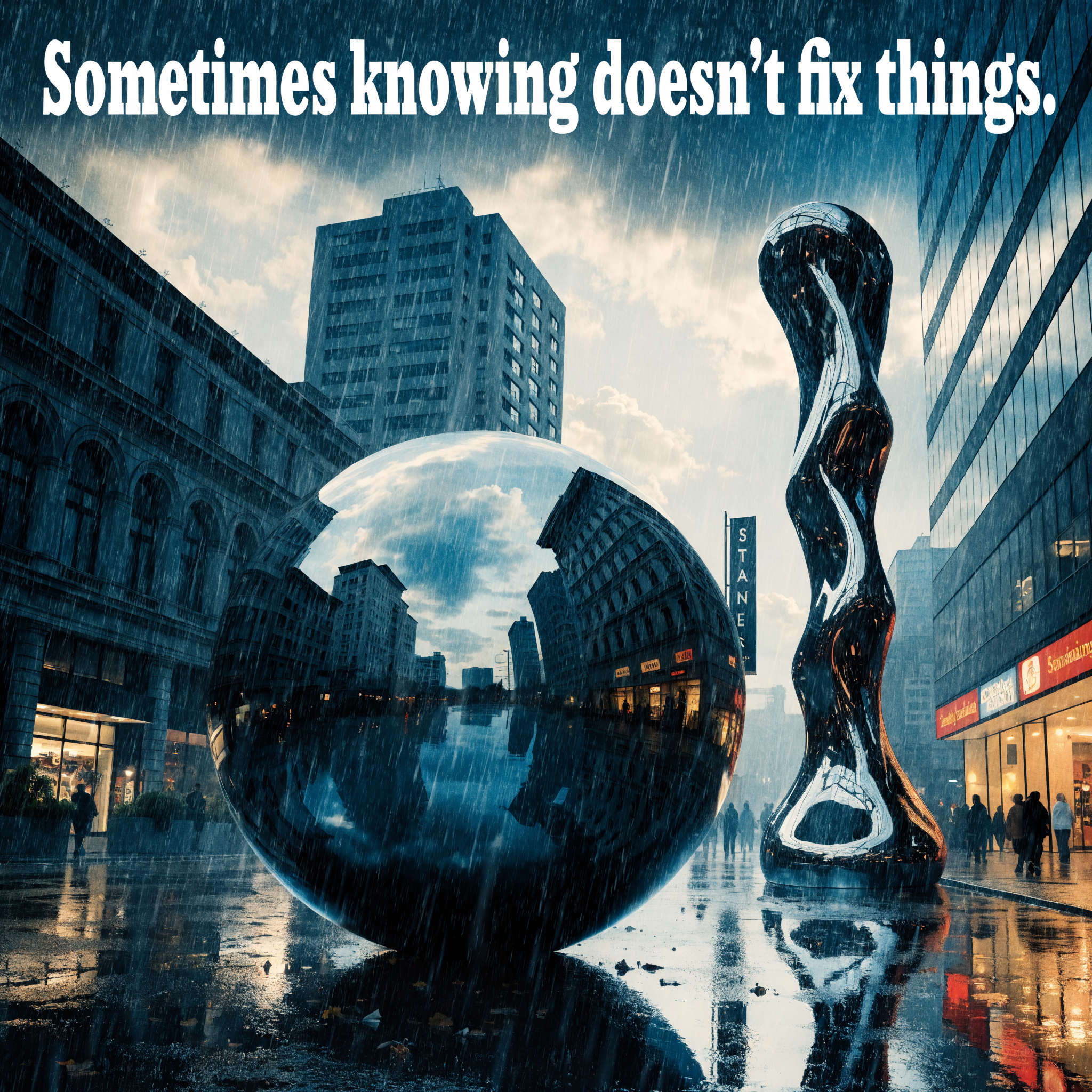 A reflective urban sculpture distorts the cityscape around it under a cloudy sky, echoing the quote: Sometimes knowing doesn't fix things.