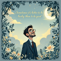 A man in a suit smiles dreamily under a crescent moon, surrounded by floral foliage, with the quote Sometimes it’s better to be lucky than to be good elegantly displayed above him.