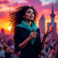 A woman with curly hair holds a microphone and speaks passionately as the sun sets behind a city skyline, embodying the spirit of speaking out to change the world.