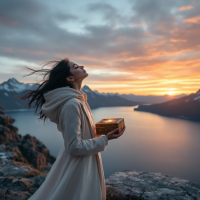 A woman in a white cloak stands on a rocky ledge, holding a glowing box at sunset, symbolizing the impact of choices and the difference one can make.