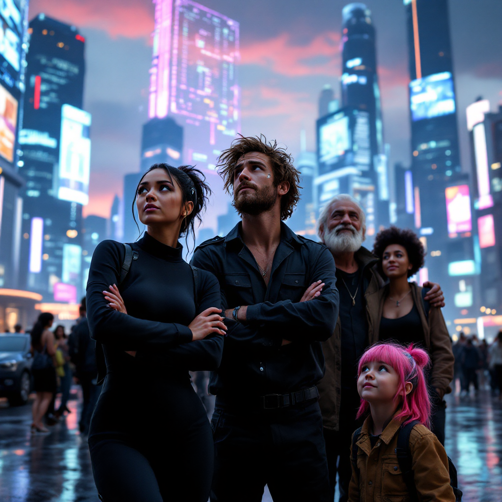 A diverse group of five individuals stands together in a futuristic cityscape, reflecting on the quote about choice versus power, under a vibrant twilight sky illuminated by neon lights.