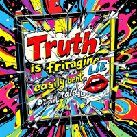 A vibrant illustration featuring the quote Truth is fragile, easily bent by a well-told lie, surrounded by colorful, explosive patterns and shattered glass effects.