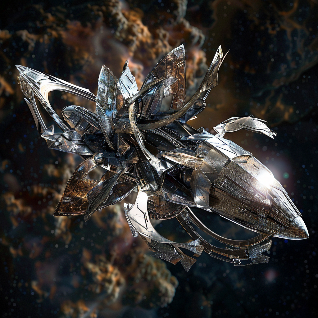 A spaceship transformed into an intricate floral sculpture, with elegant metallic petals trailing against a starry space backdrop.