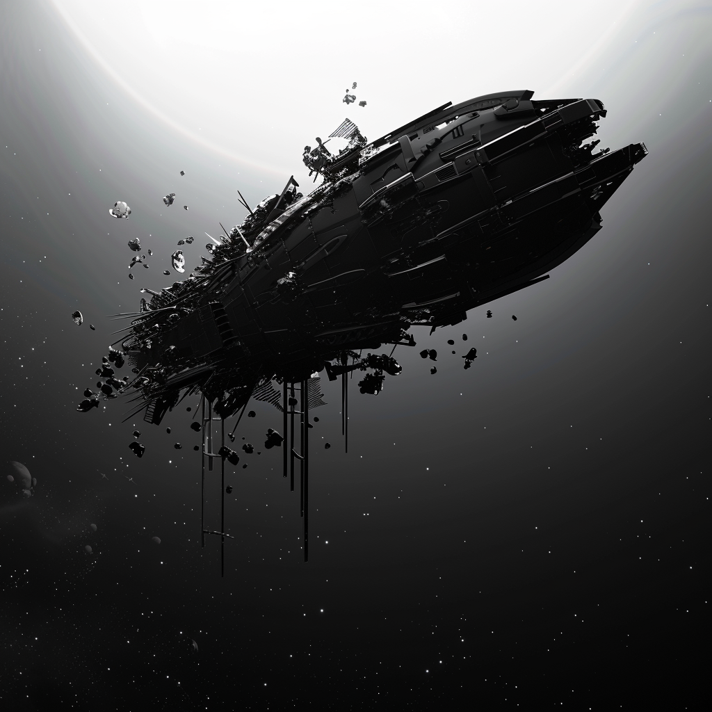 Image of a dark, reshaped ship with trailing metal fragments resembling a flower, floating against a subtle celestial backdrop.