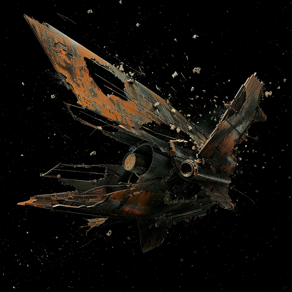 An artistic rendering of a ship transformed into a metal sculpture resembling a flower, with trailing, flayed edges against a starry backdrop.