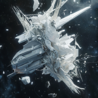 A digital artwork depicting a spaceship transformed into a flower-like sculpture, featuring elegant trails of metal amidst a starry backdrop.