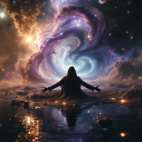 A figure sits calmly by a cosmic body of water, arms outstretched towards a swirling galaxy, embodying the chaos and beauty of the universe as described in the quote.