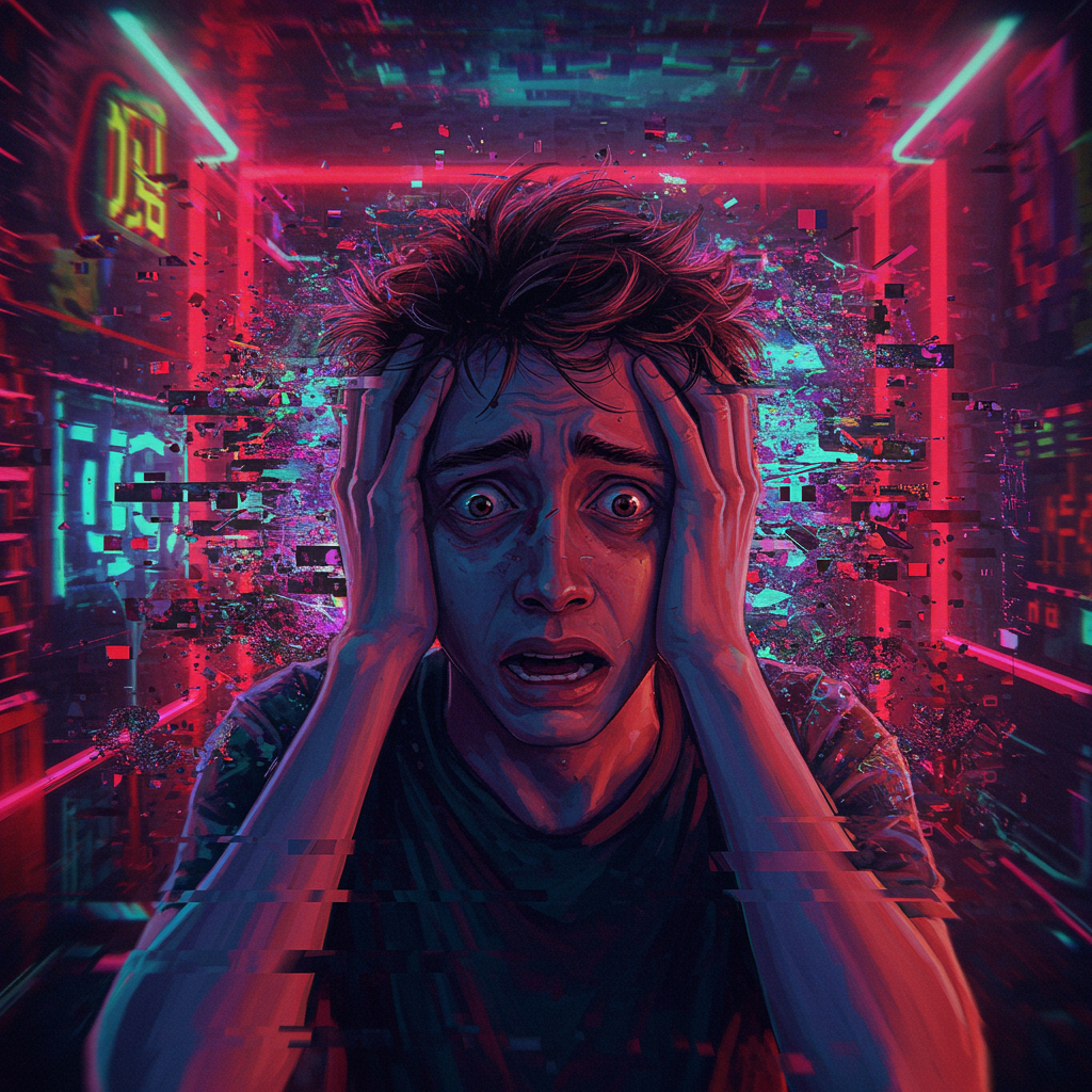 A distressed person clutches their head amid a neon-lit, glitching cityscape, symbolizing the fleeting and elusive nature of SCP-055’s physical appearance.