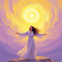 A woman in a flowing white robe stands with outstretched arms on a rocky outcrop, bathed in a warm, radiant light, embodying bravery and the embrace of fear.