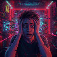 A distressed person clutches their head amid a neon-lit, glitching cityscape, symbolizing the fleeting and elusive nature of SCP-055’s physical appearance.