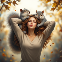 A woman with flowing hair stands amidst autumn leaves, playfully wrestling two squirrels that cling to her shoulders, capturing the whimsy of the quote about being late.