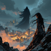 A figure stands defiantly on a rocky ledge, gazing over a glowing cityscape as a shadowy apparition looms behind. The image captures the struggle of fighting for one’s desires.