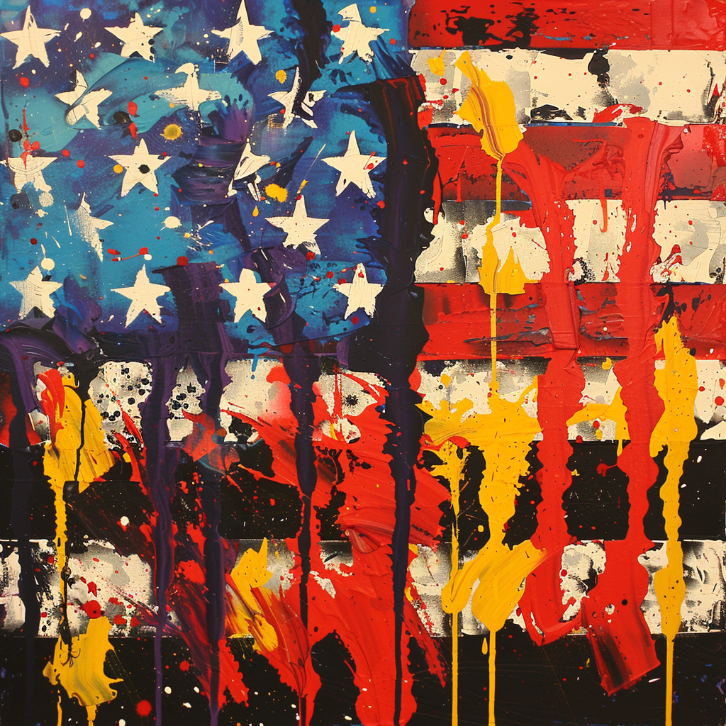 An American flag painted in abstract, with dripping paint and mixed colors, evoking tension and fear, complementing the quote discussing patriotism driven by fear and aggression.