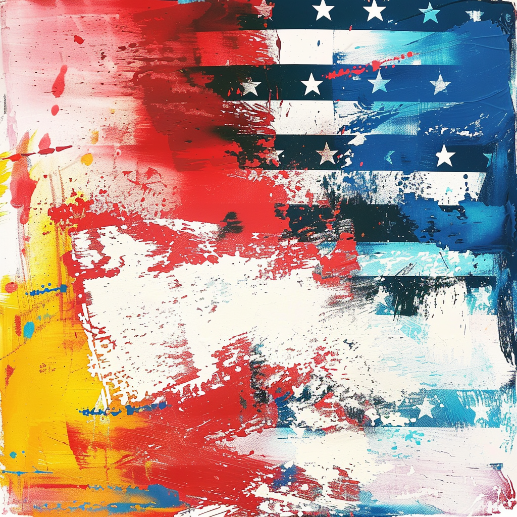 A visually striking image of the American flag, depicted with bold, chaotic brushstrokes and a mix of vibrant, contrasting colors. The artistic distortion evokes feelings of tension and division.