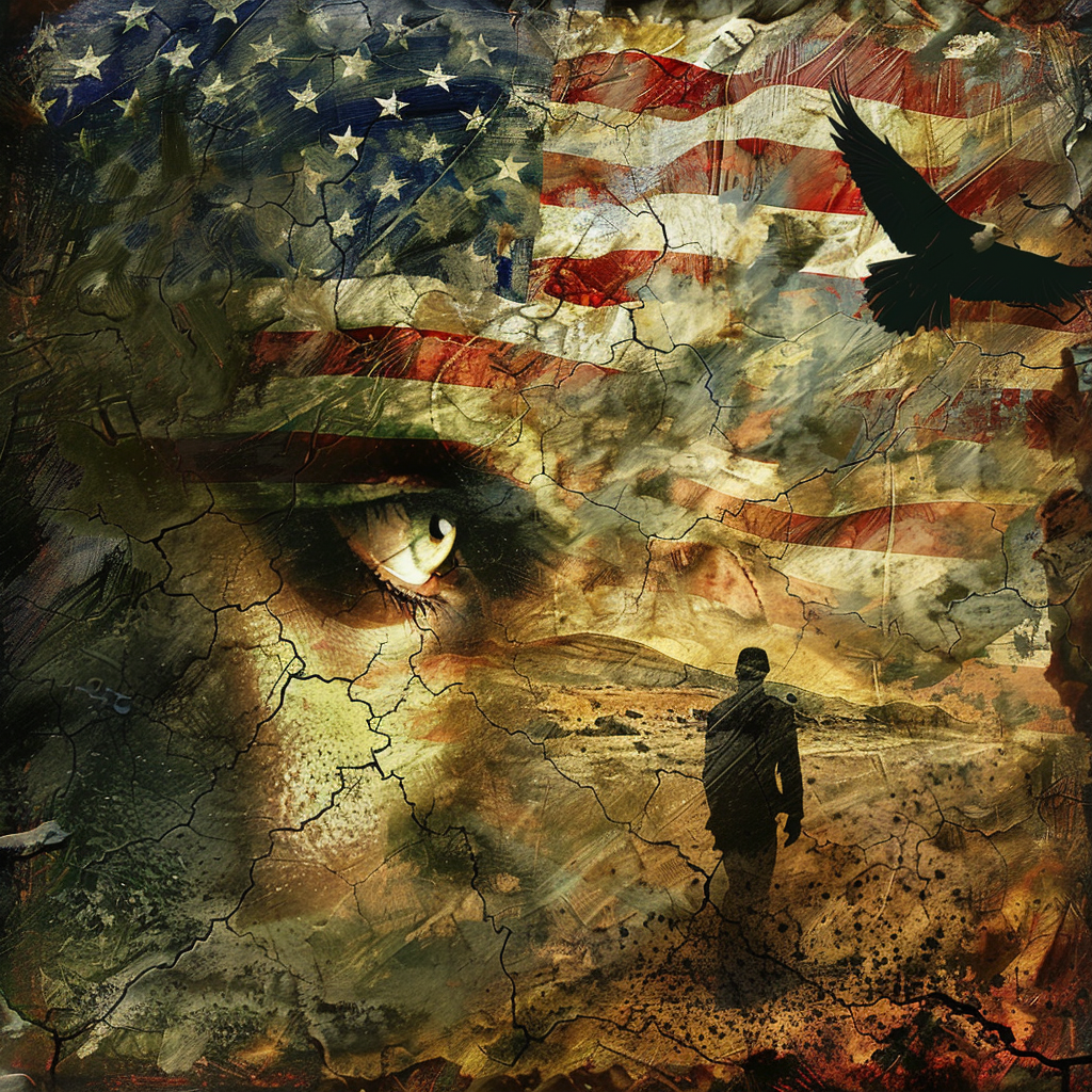 A composite image blending a large, intense human eye, a lone figure walking in a barren landscape, an American flag, and an eagle in flight, evoking themes of fear, patriotism, and aggression.