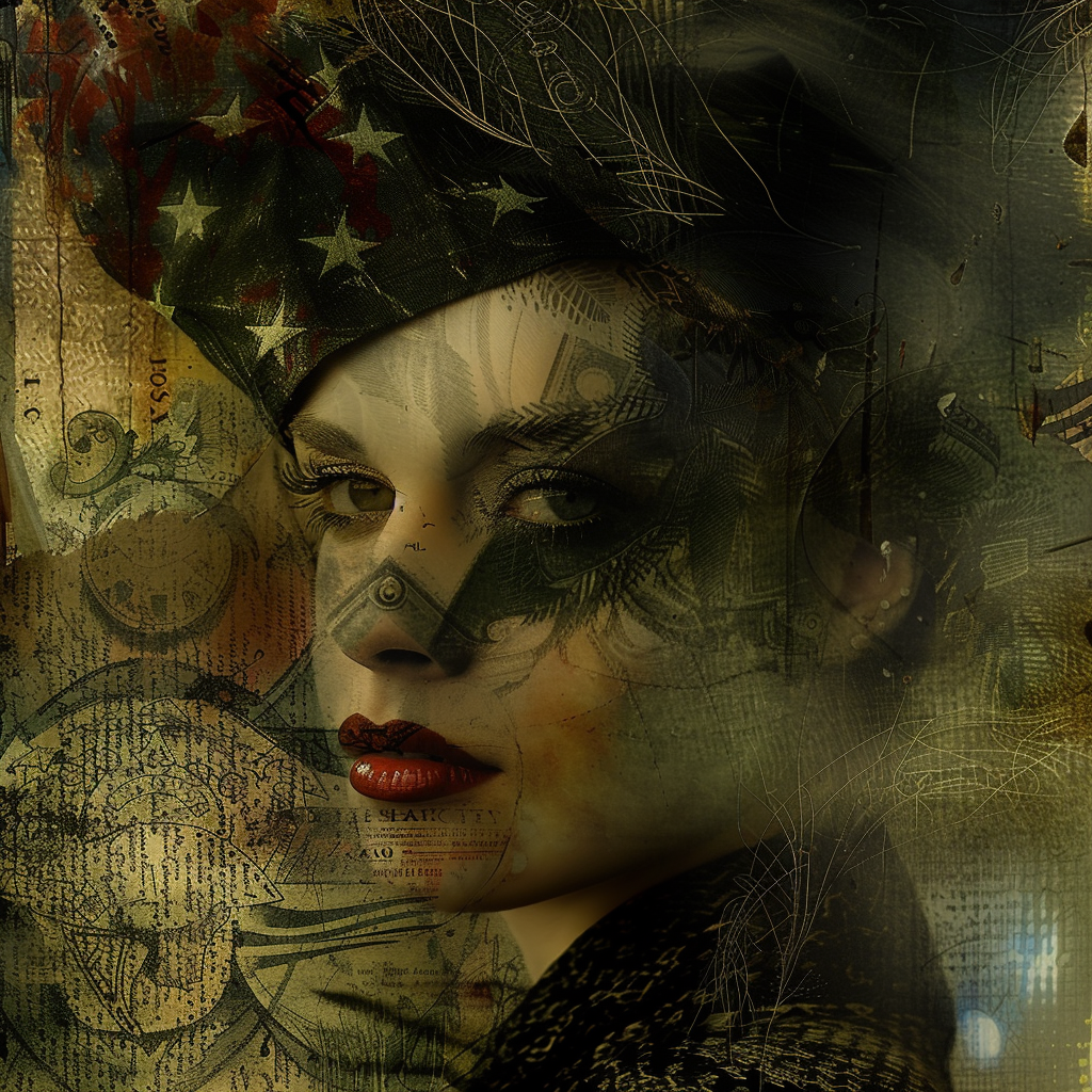 A woman in a dark, textured image wearing a star-spangled hat, gazes intensely. The background is a collage of maps, clocks, and abstract patterns, representing themes of fear and political aggressions.