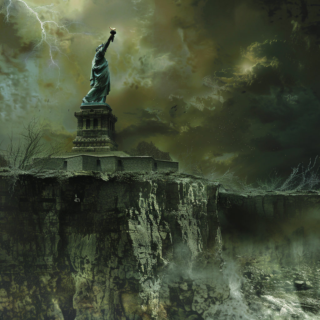 The image depicts the Statue of Liberty standing on a crumbling cliff amidst a dark, stormy sky, evoking a sense of fear, aggression, and societal decay as described in the book quote about patriotism.