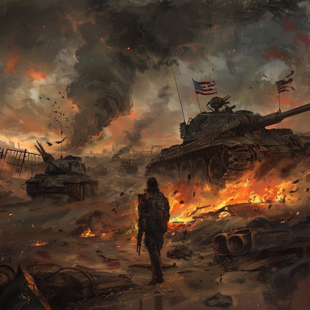 A soldier stands amidst a fiery battlefield with tanks and American flags, depicting fear, hate, and aggression derived from patriotism as described in the book quote.