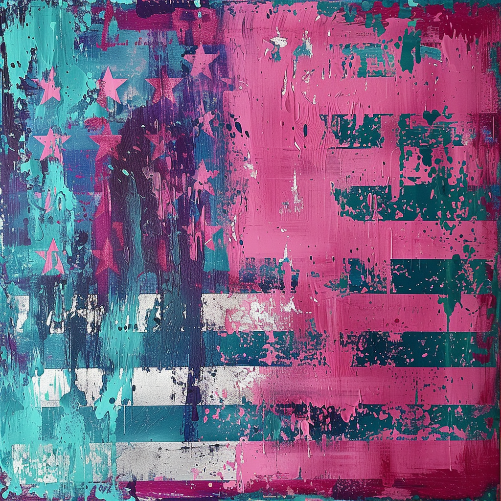 An abstract image resembling a distressed American flag with teal, pink, and purple hues, reflecting the complex emotions and political expressions of fear and aggression detailed in the book quote.