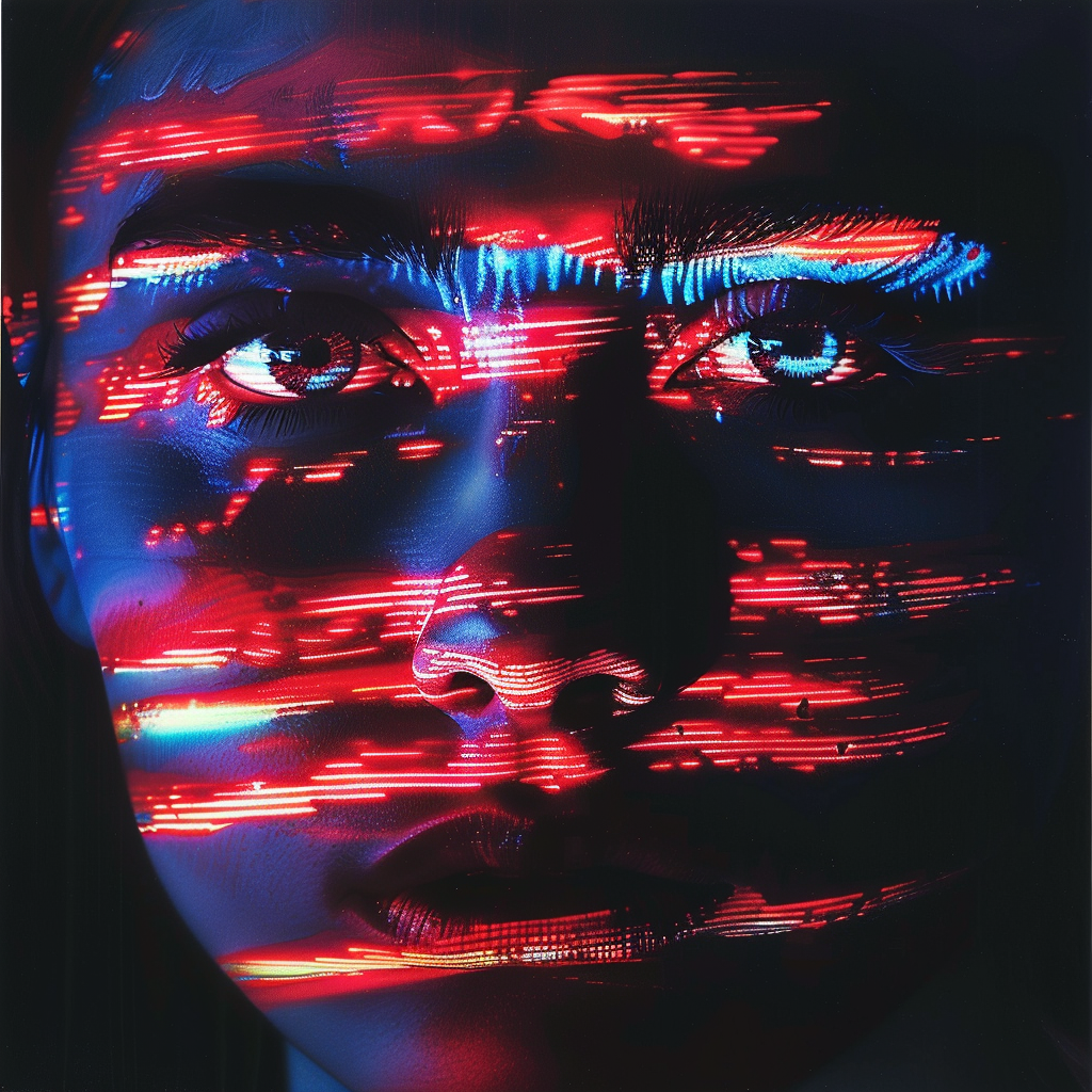 A close-up of a person's face illuminated with red and blue glitch-like patterns, reflecting the themes of fear, hate, and aggression expressed in the quote about patriotism and political expressions.