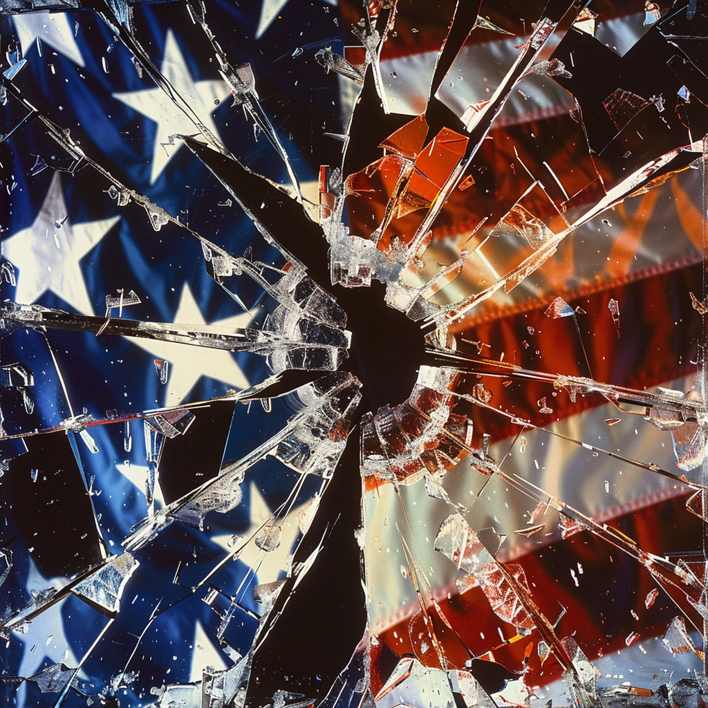 A shattered image of the American flag, symbolizing the political expressions of fear and aggression described in the book quote, highlighting the concept of growing fear and division.