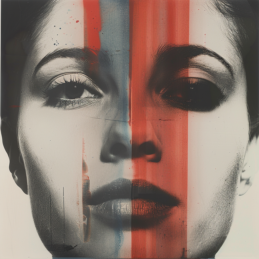 A monochromatic portrait of a woman's face split into two halves, one side painted with red and blue vertical stripes, reflecting themes of fear, hate, and aggression associated with misguided patriotism.