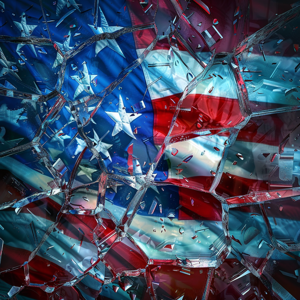 A fragmented American flag seen through broken glass, symbolizing themes of patriotism intertwined with fear, hate, and aggression, as described in the book quote.