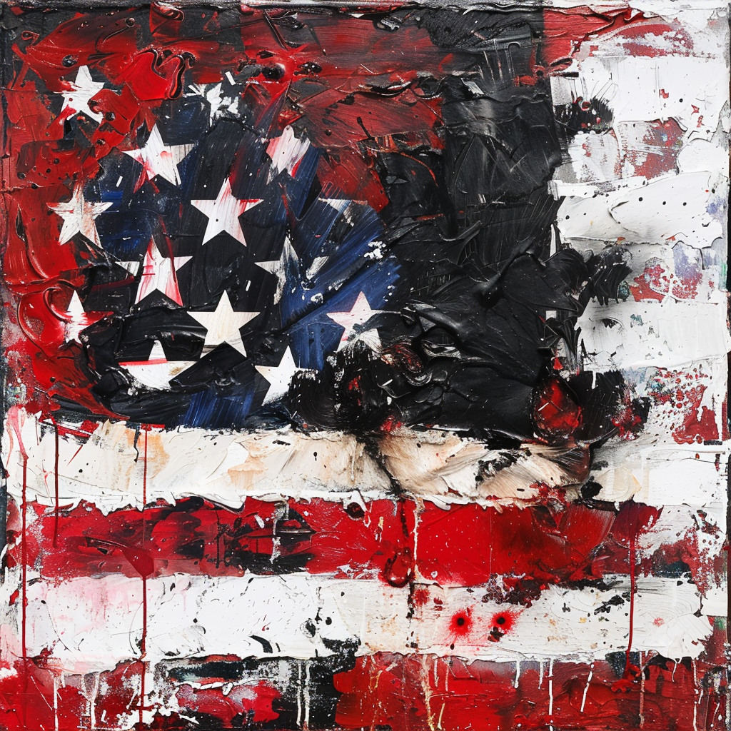 An abstract painting of a worn American flag with rough textures and drips, evoking a sense of turmoil and reflecting themes of fear, hate, and aggression as mentioned in the book quote.